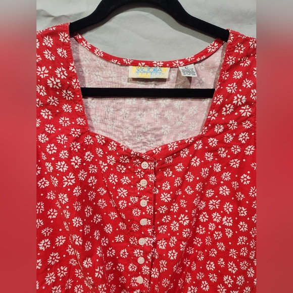 Y2K Cropped ButtonUp Tie‎ Front Halter Blouse Red W White Flowers Large - Picture 3 of 7